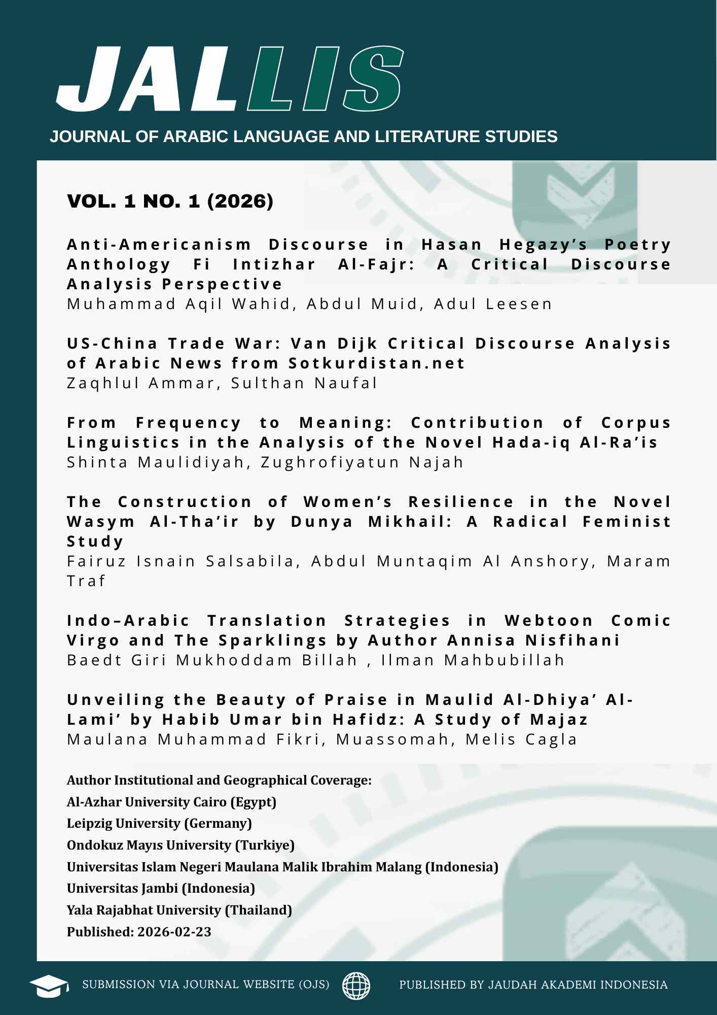 					View Vol. 1 No. 1 (2026): JALLIS : Journal of Arabic Language and Literature Studies
				